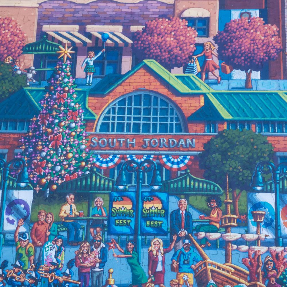 Close up of colorful Dowdle Puzzle featuring City Hall and Towne Center