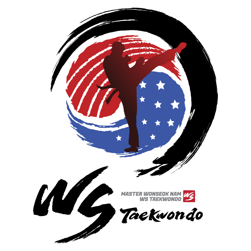 logo for WS Taekwondo ying yang color like flag with red white and blue with stars and person kick